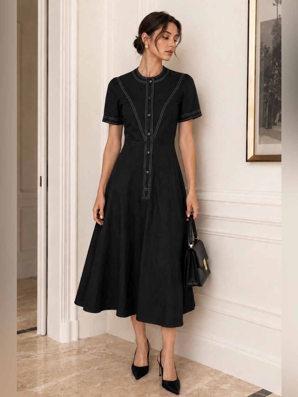 Albert nipon vintage Black Contrast Stitch Button-Front Midi Dress 10